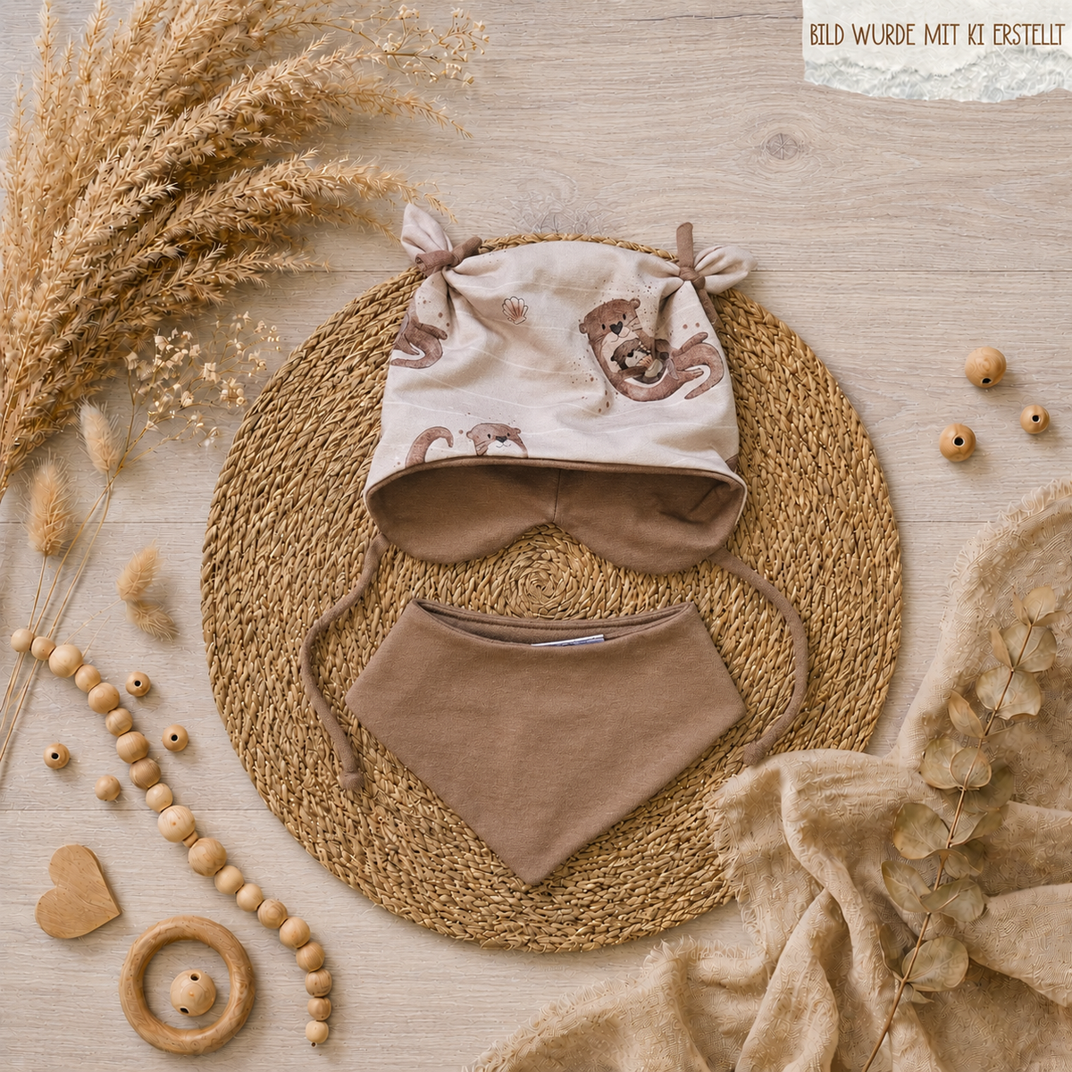 Baby Öhrchen-Mütze "Olli Otter" handgemacht aus French Terry & Jersey, 95% Baumwolle 5% Elasthan – passend zum Olli Otter-Strampler | Little Falili
