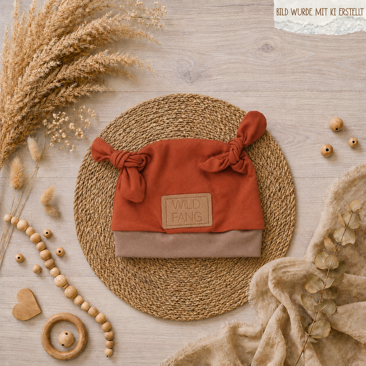 Baby Knoten-Mütze "Roter Fuchs" mit Fuchs-Motiv, handgemacht aus Jersey, 95% Baumwolle 5% Elasthan – passend zur Strampler-Kollektion | Little Falili

