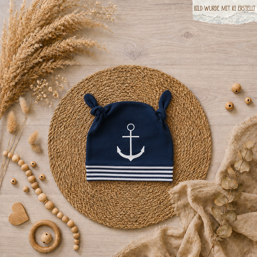 Baby Knoten-Mütze "Walross" mit Walross-Motiv, handgemacht aus French Terry, 95% Baumwolle 5% Elasthan – passend zur Strampler-Kollektion | Little Falili