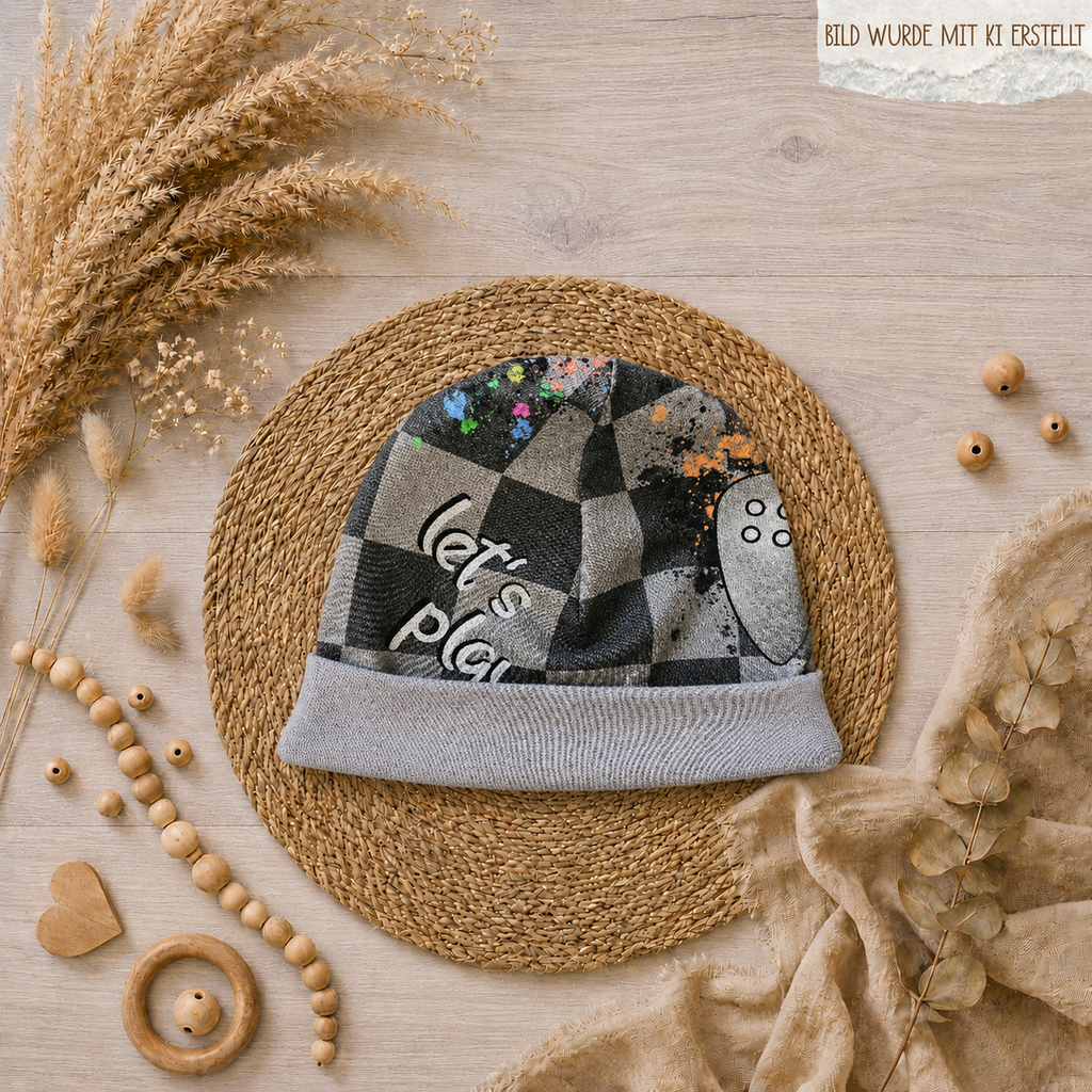 Baby Beanie-Mütze "Let's play" mit Controller-Motiv, handgemacht aus French Terry, 95% Baumwolle 5% Elasthan – passend zur Strampler-Kollektion | Little Falili