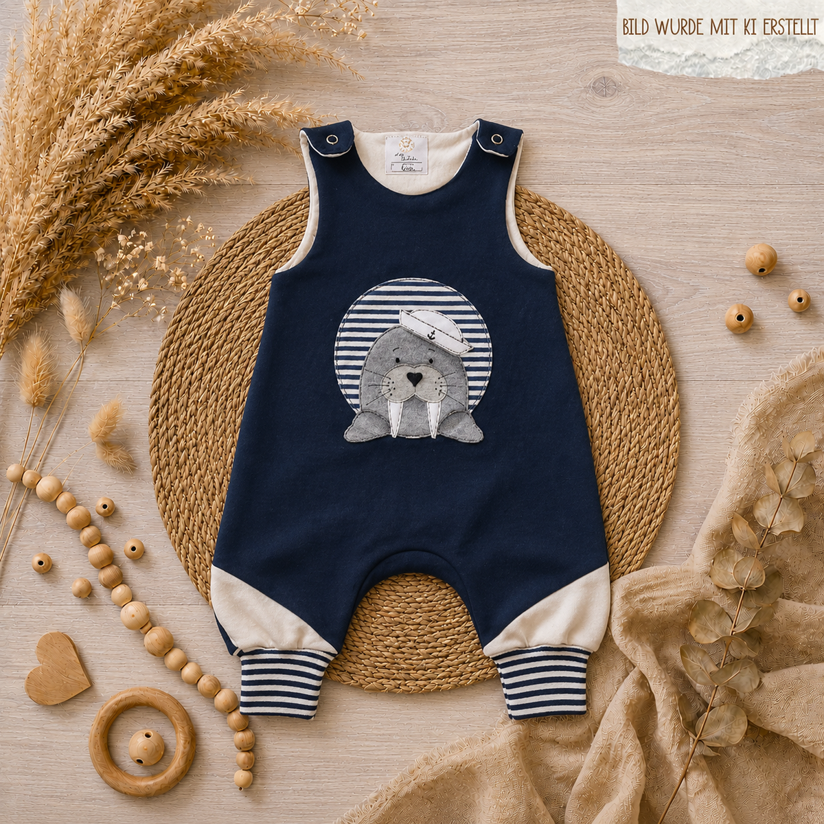 Baby Strampler "Walross" Detailansicht Walross-Stickmotiv in blau, French Terry & Jersey, 95% Baumwolle 5% Elasthan – Mütze separat erhältlich | Little Falili