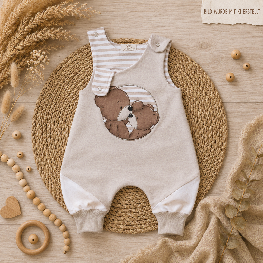 Handgenähter Baby-Strampler "Bären Geschwister", French Terry & Jersey 95% Baumwolle 5% Elasthan, Bär-Stickapplikation – Little Falili