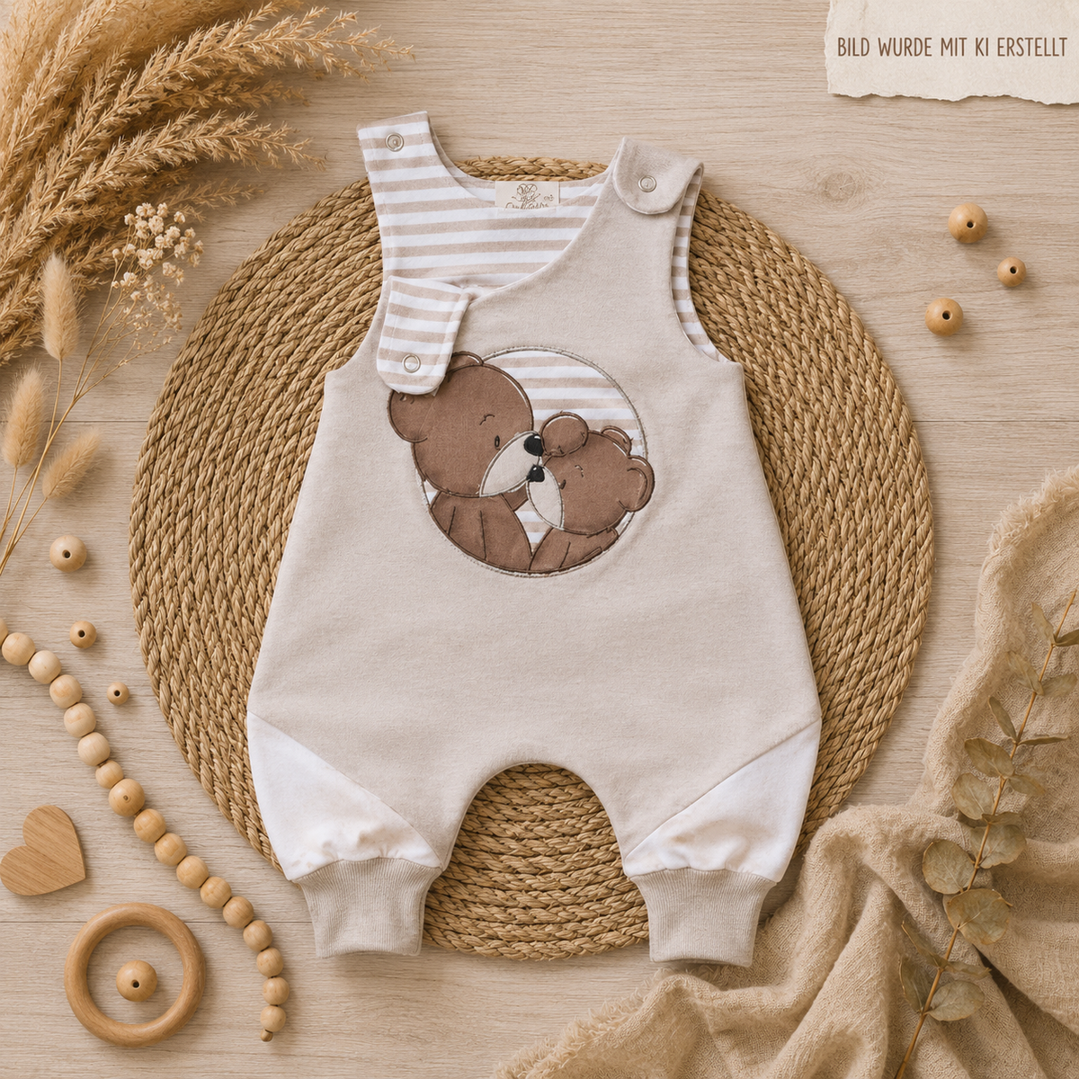 Handgenähter Baby-Strampler "Bären Geschwister", French Terry & Jersey 95% Baumwolle 5% Elasthan, Bär-Stickapplikation – Little Falili