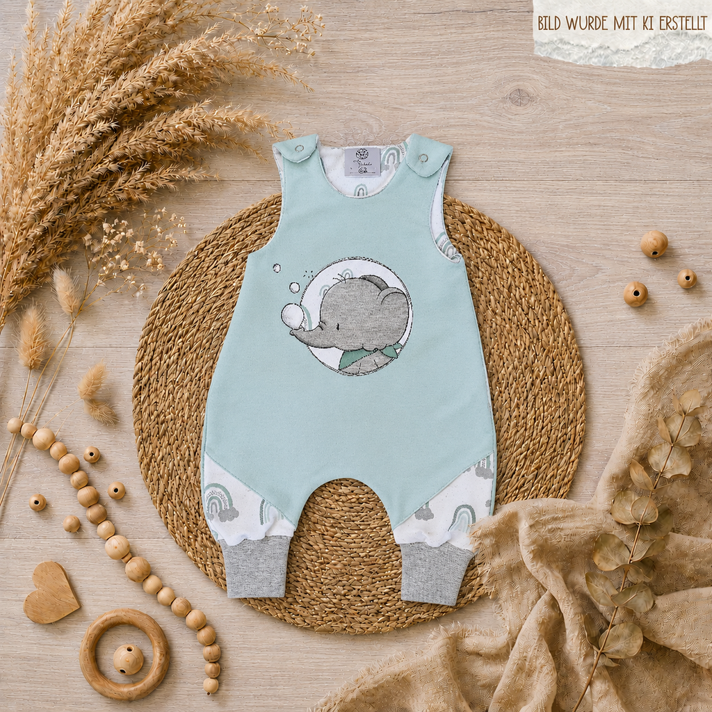 Baby Strampler "Elefant" mint mit Elefant-Stickmotiv, handmade von Little Falili