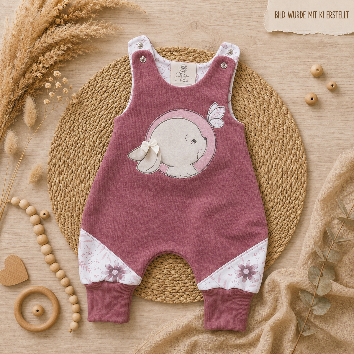 Handgemachter Baby-Strampler mit Hasen- und Schmetterling-Stickerei aus French Terry, mit Halstuch und Mütze separat erhältlich, Gesamtansicht