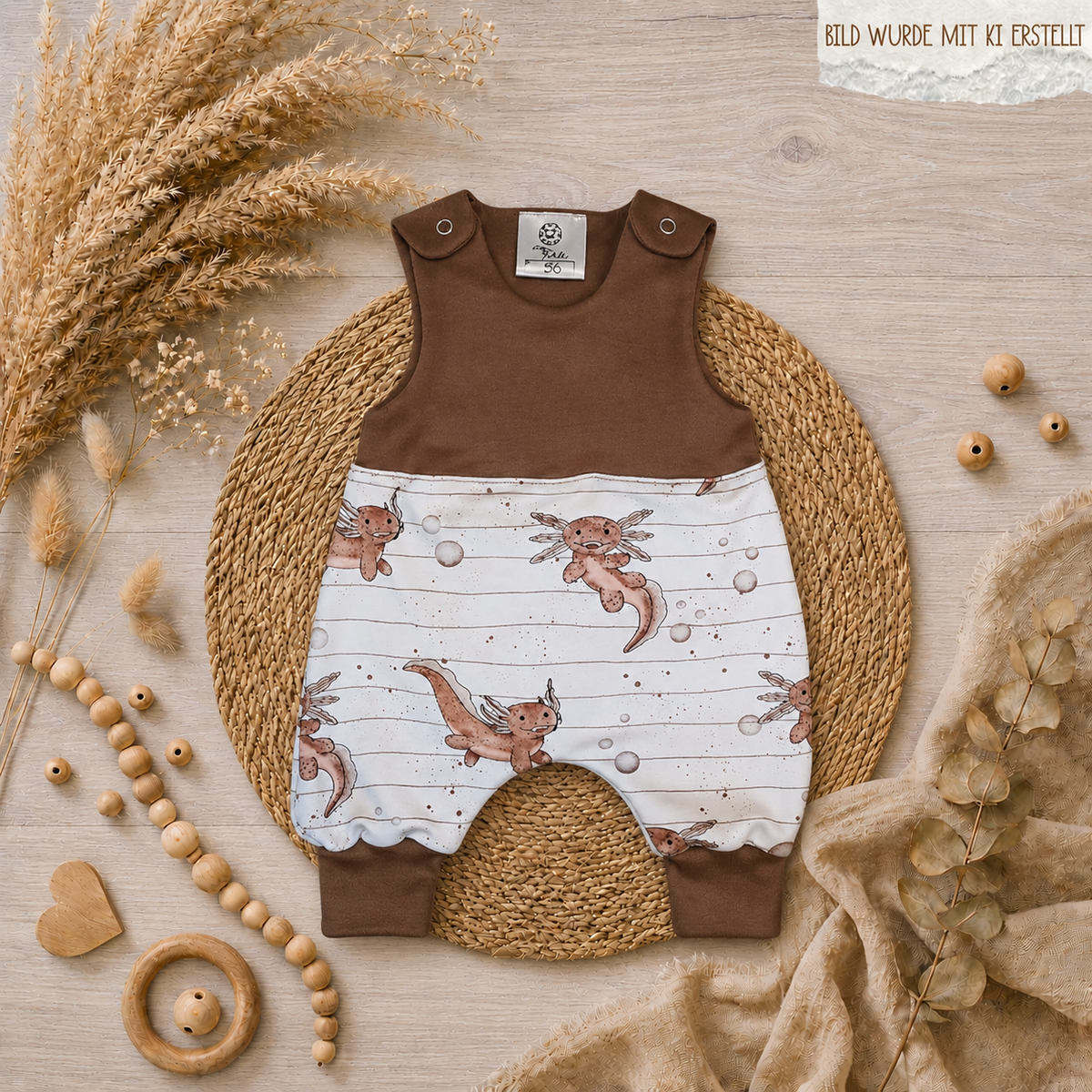 Baby-Strampler „Axel“ mit Axolotl-Design in Braun und Weiß und passendem Halstuch