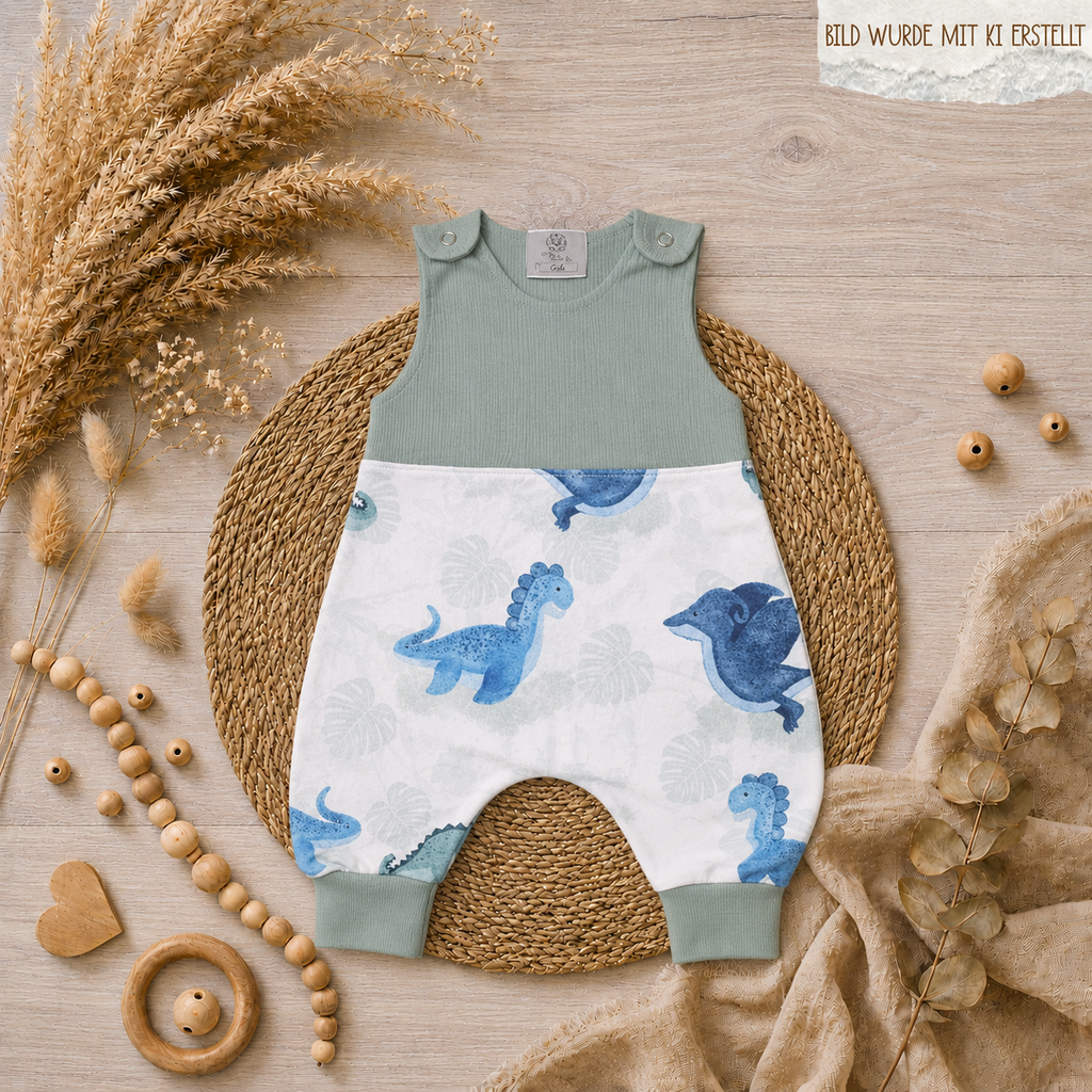 Handmade Baby Strampler "Dinos" in Blau und Grün – selbst gezeichnetes Dino-Design, French Terry & Jersey, Little Falili
