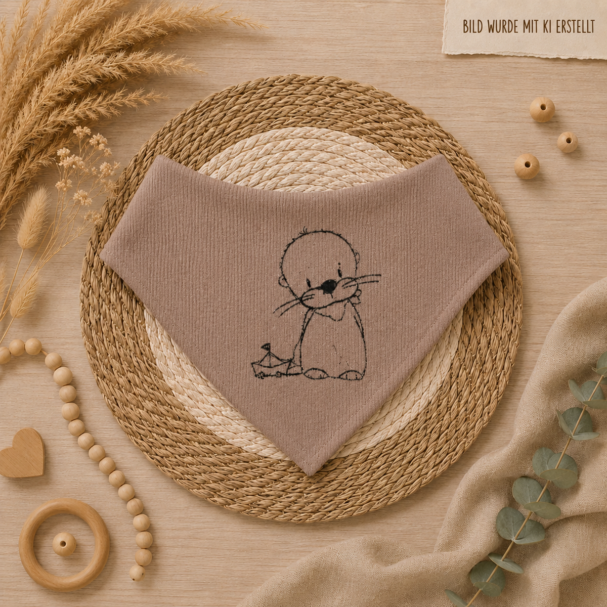 Handmade Baby Halstuch in Braun mit gesticktem Otter-Outline-Motiv – Jersey, 95% Baumwolle, selbst gezeichnetes Design, Little Falili