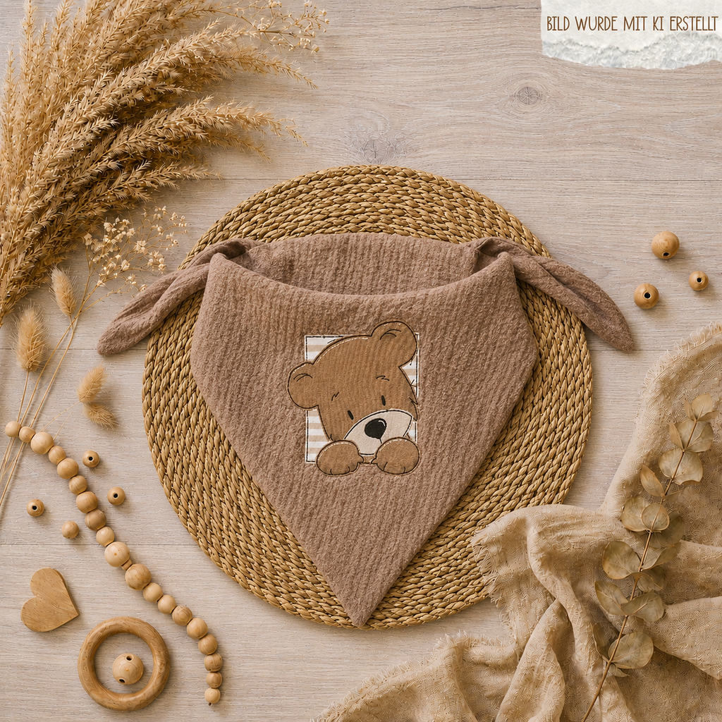 XL Musselintuch "Bär" als Dreieckstuch gebunden, beige, mit niedlichem Bär-Stickmotiv, 100% Baumwolle, handmade | Little Falili
