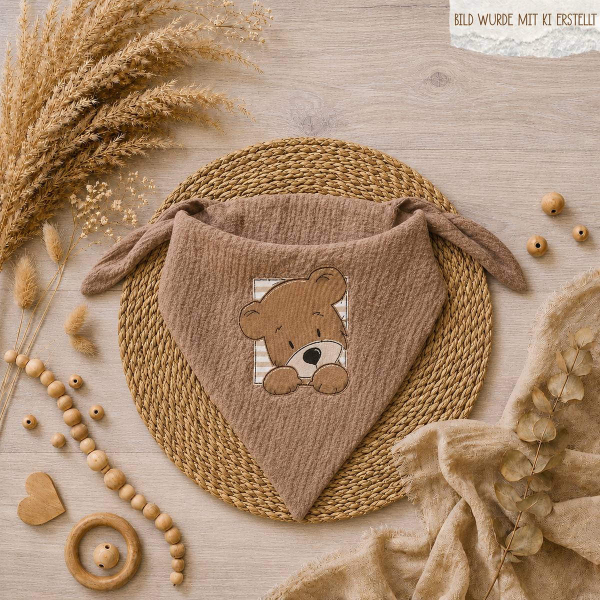 XL Musselintuch "Bär" als Dreieckstuch gebunden, beige, mit niedlichem Bär-Stickmotiv, 100% Baumwolle, handmade | Little Falili
