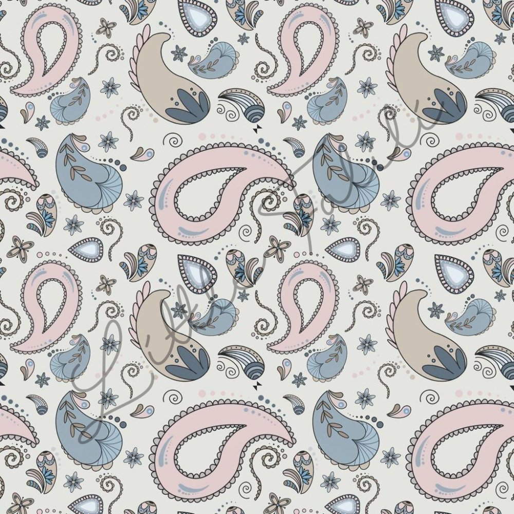 Musterdetail French Terry „Paisley" – selbst gezeichnetes Boho-Paisley-Design mit floralen Ornamenten in sanften Pastelltönen | Little Falili
