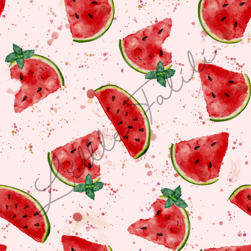Detailansicht Jersey „Melone & Minze“ mit Melonen, Minze und Aquarell-Elementen