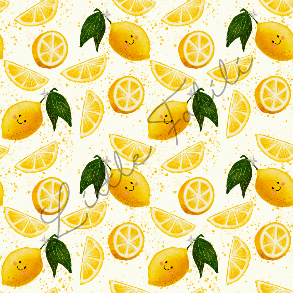 Musterdetail Zitronen Jersey – selbst gezeichnetes Aquarell-Design mit Zitronen und Zitronenscheiben | Little Falili
