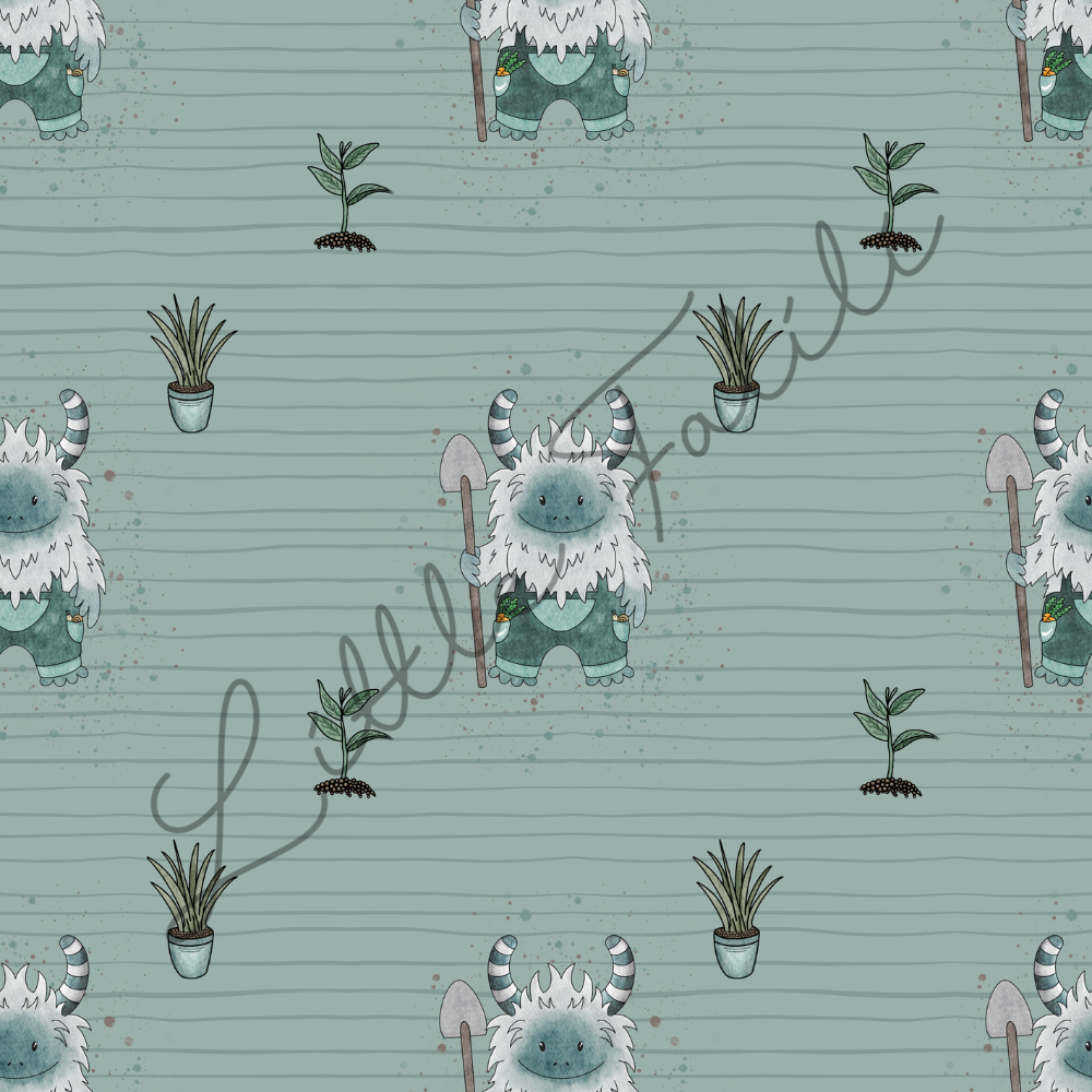 Musterdetail French Terry „Gärtner Yetis" – selbst gezeichnetes Design mit Yetis, Pflanzen und Naturfarben | Little Falili
