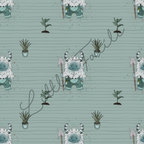 Musterdetail French Terry „Gärtner Yetis" – selbst gezeichnetes Design mit Yetis, Pflanzen und Naturfarben | Little Falili
