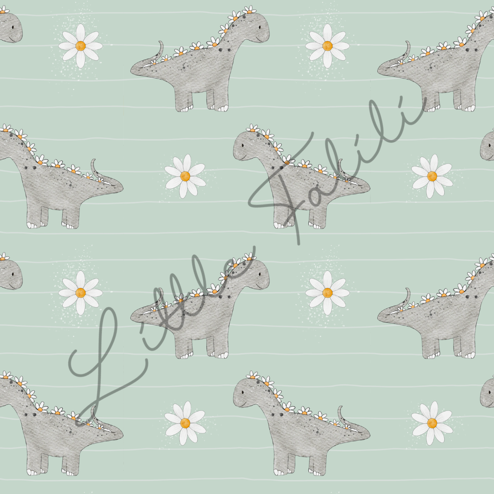 Musterdetail French Terry „Dino mit Blüten" – selbst gezeichnete Dinosaurier mit Gänseblümchen auf sanftem Mintton | Little Falili
