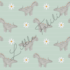 Musterdetail French Terry „Dino mit Blüten" – selbst gezeichnete Dinosaurier mit Gänseblümchen auf sanftem Mintton | Little Falili
