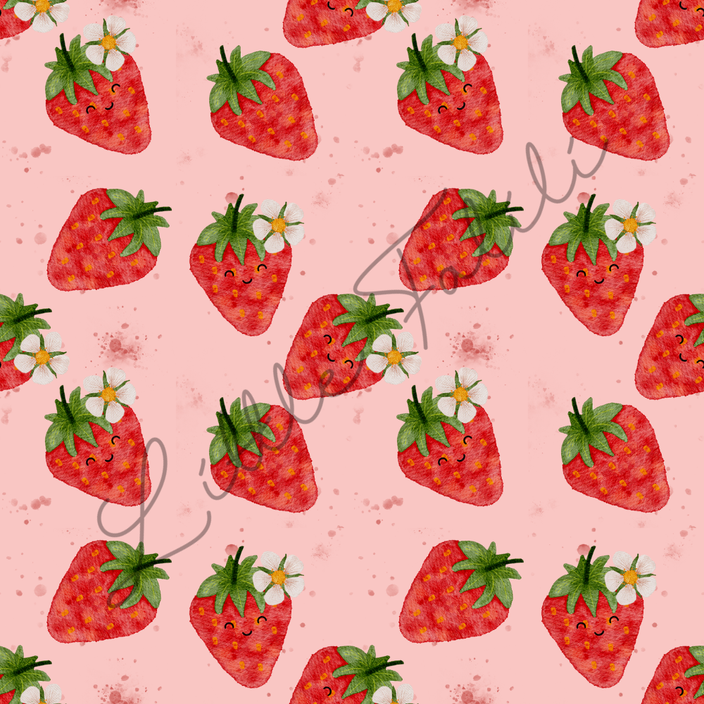 Musterdetail Erdbeeren Jersey – selbst gezeichnetes Aquarell-Design mit Erdbeeren und verspielten Gesichtern | Little Falili
