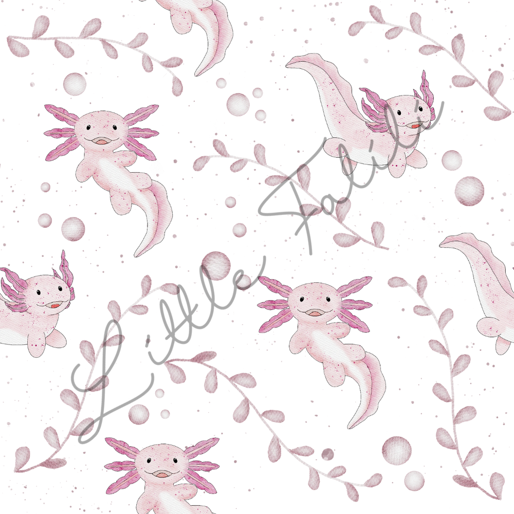 Musterdetail French Terry „Lotti" – selbst gezeichnetes Axolotl-Design mit Blätterranken in sanften Rosétönen | Little Falili
