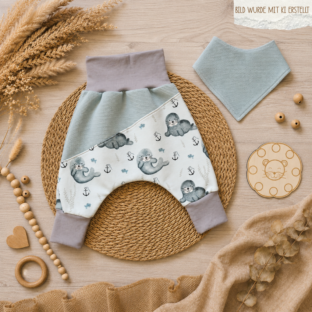 Baby Pumphose "Rudi die Robbe" mit Robben-Motiv, handgemacht aus Waffeljersey & French Terry, 96% Baumwolle 4% Elasthan | Little Falili