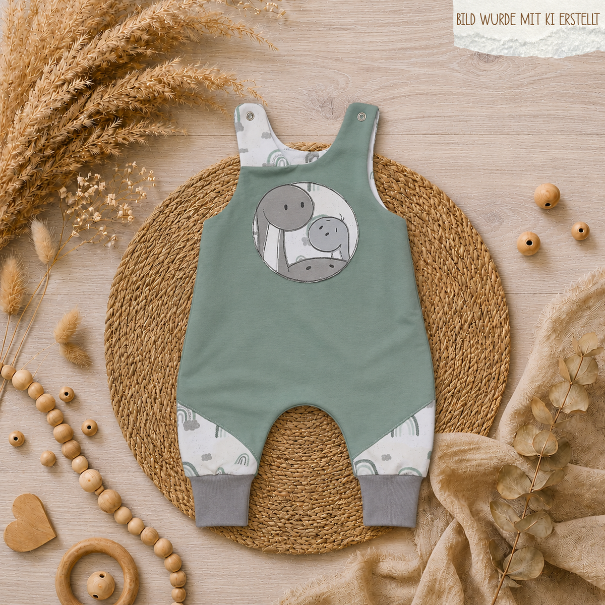 Baby Strampler "Langhals Dinos" Detailansicht Dino-Stickmotiv in grün, French Terry & Jersey, 95% Baumwolle 5% Elasthan – Mütze separat erhältlich | Little Falili
